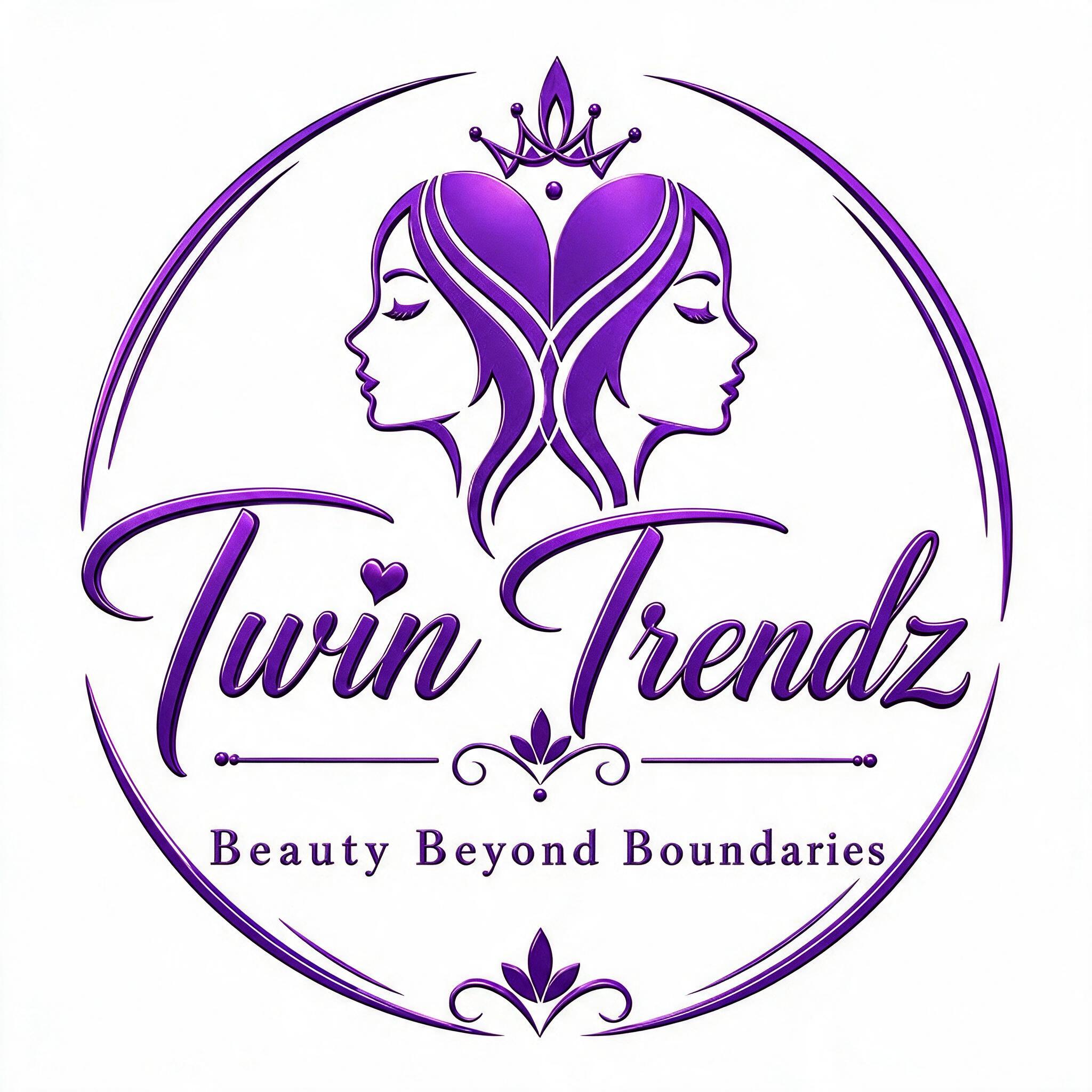 Twin Trendz logo — twin faces beneath a crown, encircled by an ornamental purple ring